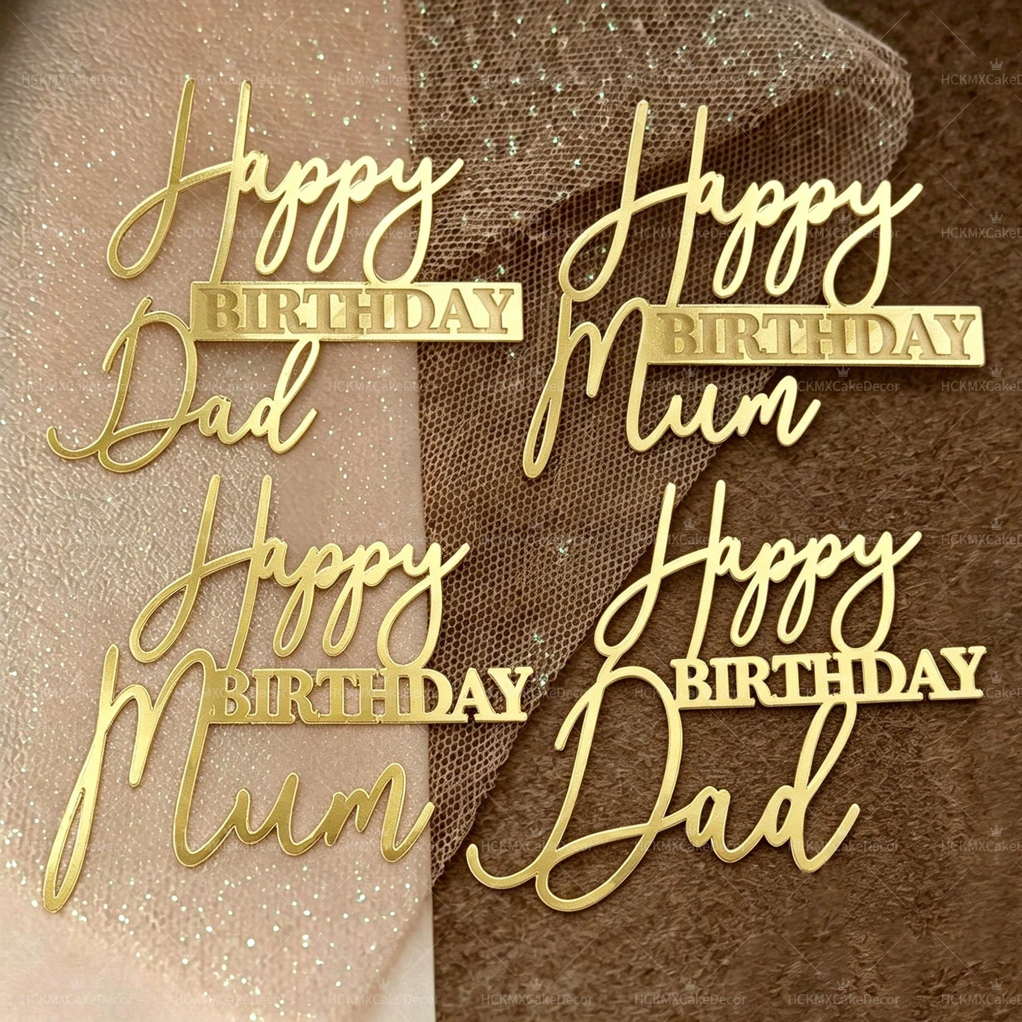 3pcs Gold Mirror Happy Birthday Dad Mum Cake Topper Father Mother Birthday Party Cupcake Dessert Table Decor Supplies