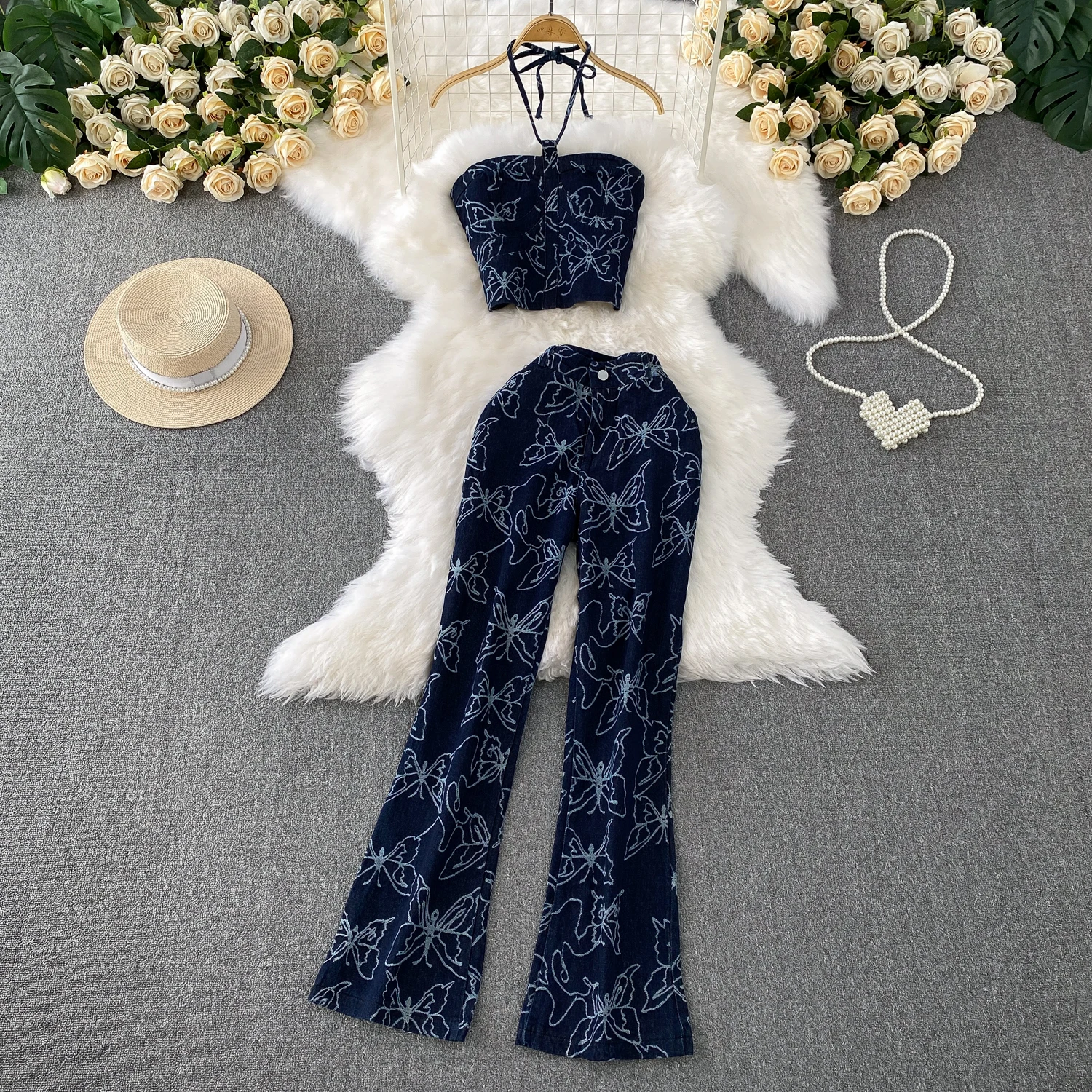 ผู้หญิงพิมพ์กางเกงยีนส์กางเกงสูทพิมพ์ผีเสื้อ Halter Neckr เสื้อ + กางเกงยีนส์เอวสูงผอมวันหยุดเสื้อผ้าชุด