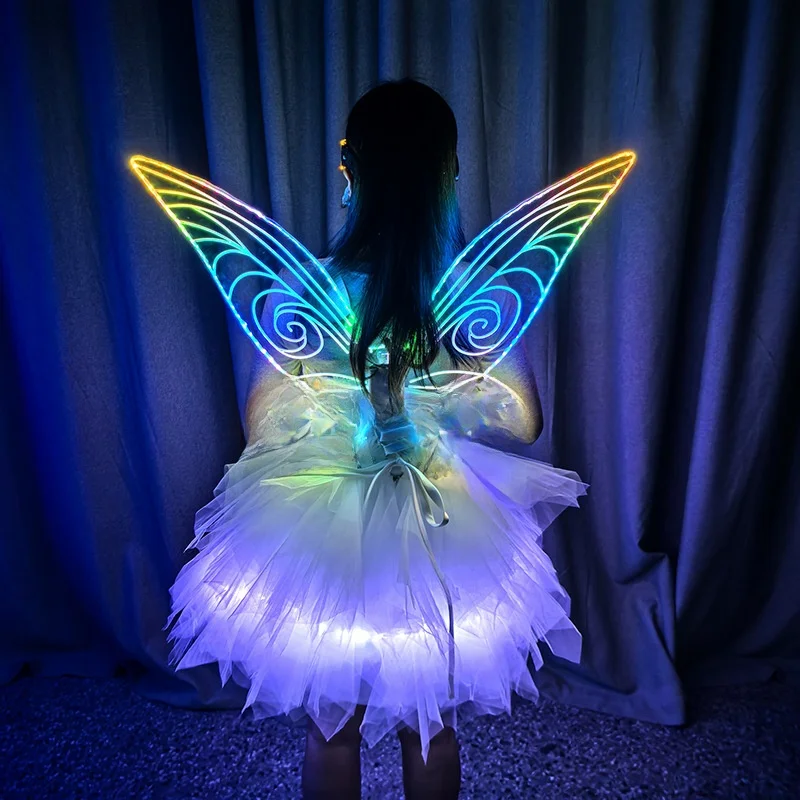 Fairy Skirt with Wings LED Lighting Angel Feather Skirt Performance Touristic Outfit Elf Wings