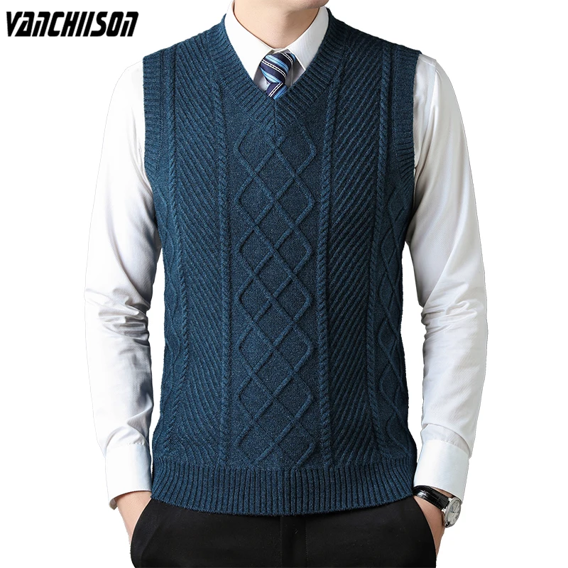 

Mens Thick Wool Knit Tank Jumpers Basic Sweater Pullover Sleeveless Business Smart Casual for Autumn Winter V Neck 00125