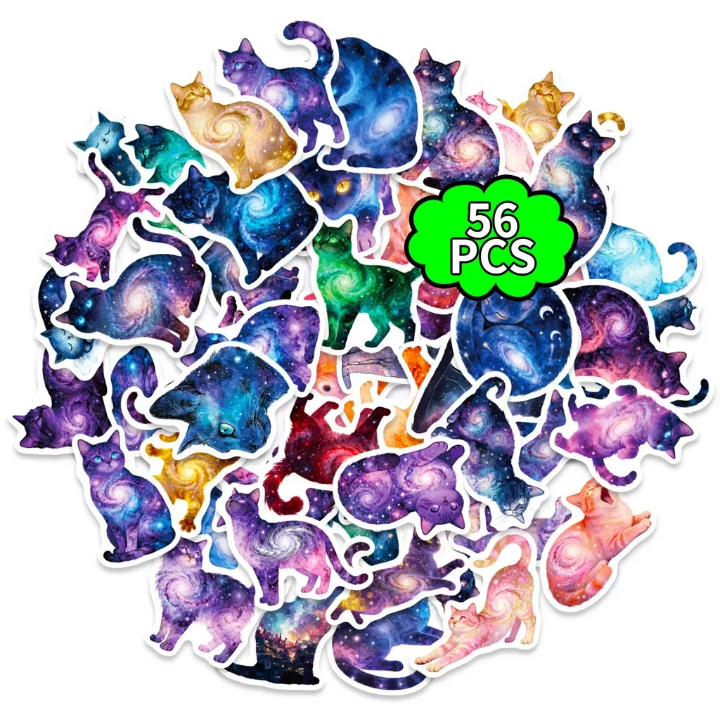 56Pcs Starry Sky Cat Graffiti Stickers, Colorful Cosmic Meow Creature Cute Decals for DIY Craft Decoration Papery Pop Store