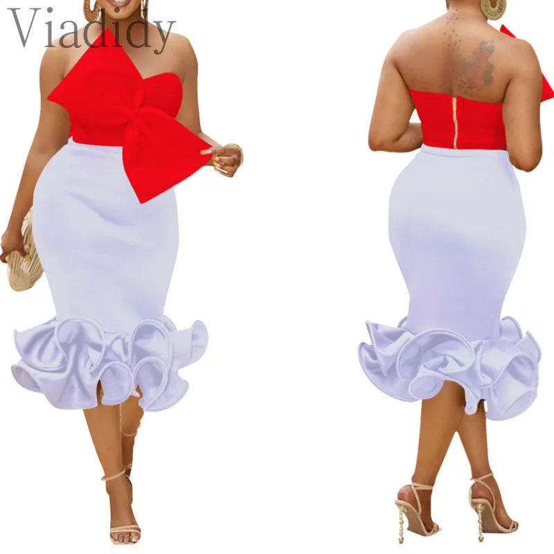 Two-Pieces Bow Strapless Top And High Waist Bodycon Skirt Set