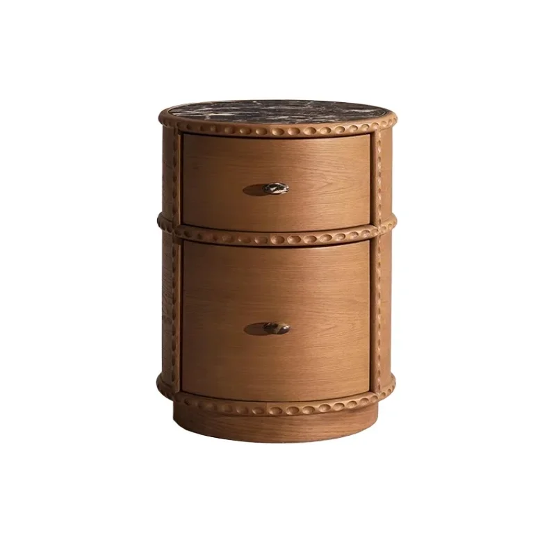 Retro round bedside table, solid wood small marble bedside locker, medieval niche design sense