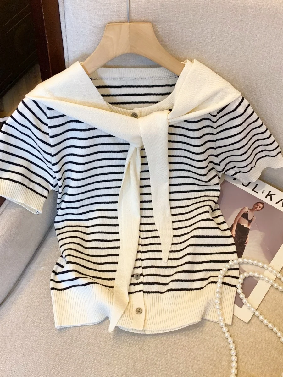 Camiseta de punto a rayas estilo coreano para mujer, diseño de verano, manga corta, cuello marinero, bloques de color, talla pequeña