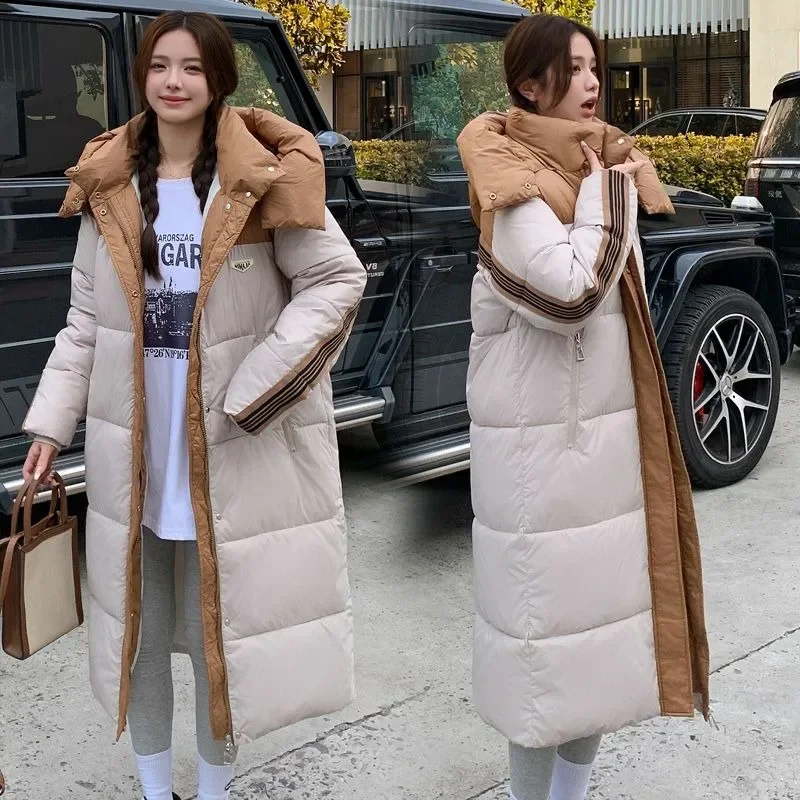 2024 New Women Down Cotton Coat Winter Jacket Female Long Below The Knee Parkas Thicken Warm Hooded Outwear Loose Casual Outcoat