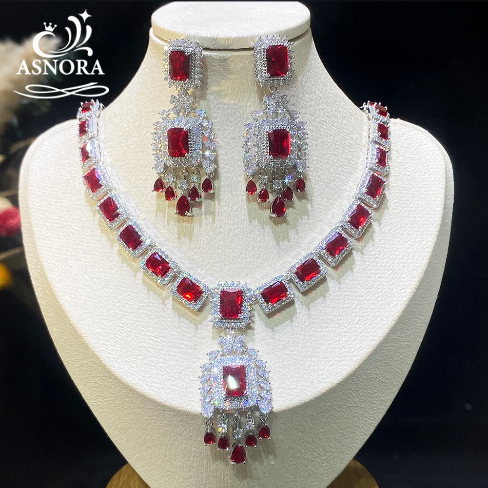 ASNORA New Luxury Green Blue Red CZ Stone Earrings Necklace 2PCS Big Long Drop Wedding Bridal Dress Jewelry Set for Women