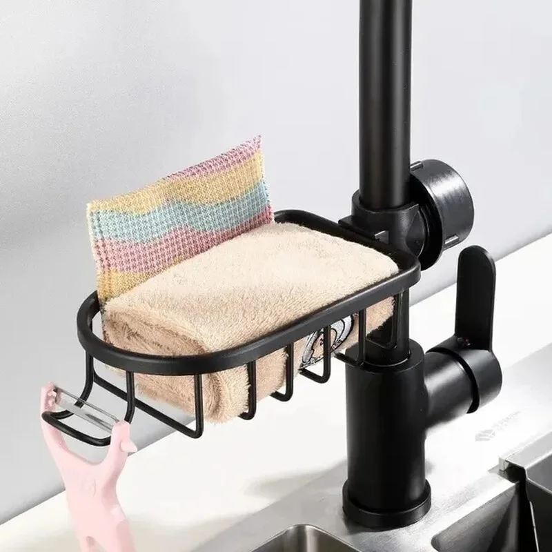 Bathroom Faucet Shelf Space Aluminum Kitchen Sink Soap Drainer Sponge Drain Rack Black Bathroom Shower Storage Sundries Holder