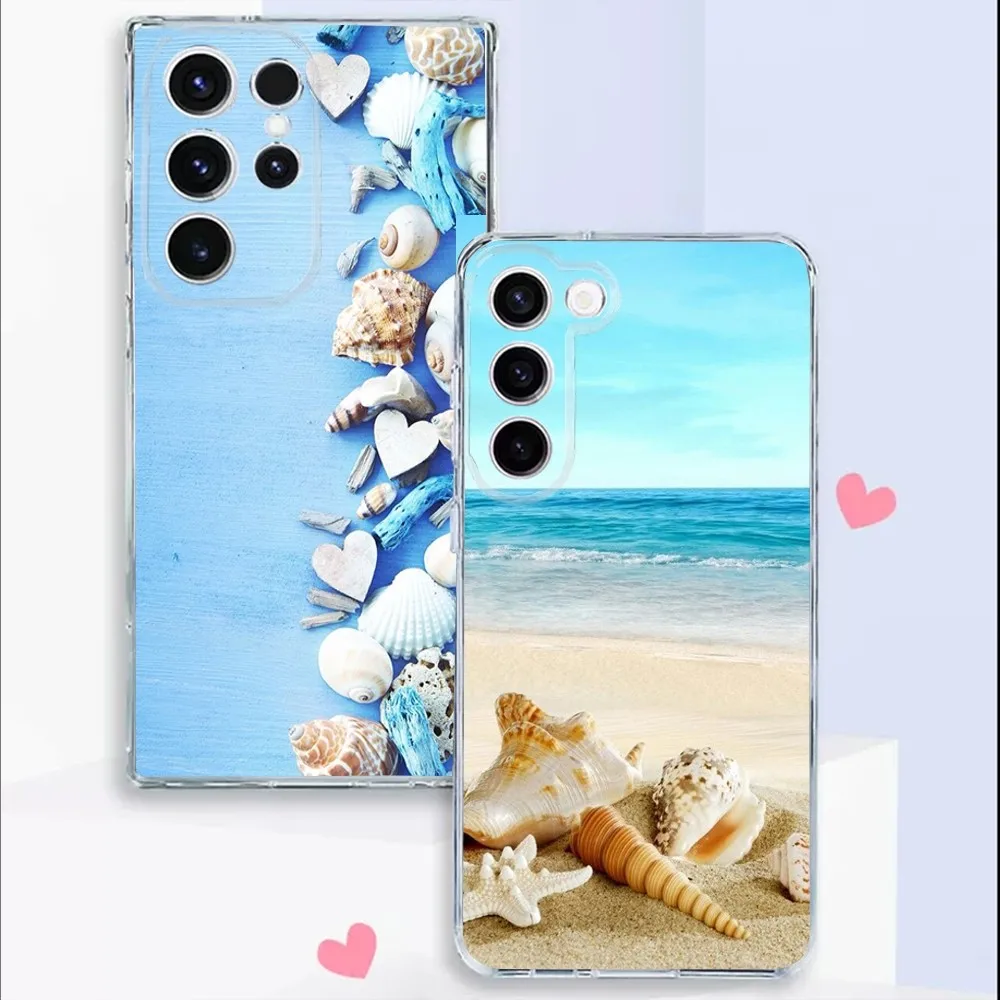 Blue Wood Seashells Sea Star Phone Case For Samsung S24,22,20,21 FE Ultra S24,23,10,10E,S8,Plus Transparent Phone Shell