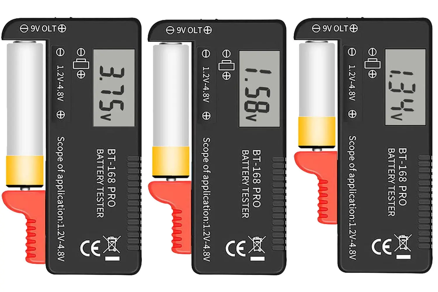 

Digital LCD Battery Tester Checker Universal Battery Tester Monitor for AA AAA 1.5V 3.7V or 1.2~4.8V 9V Batteries,Household Battery Life Level Testers Power Meter (168PRO*3)