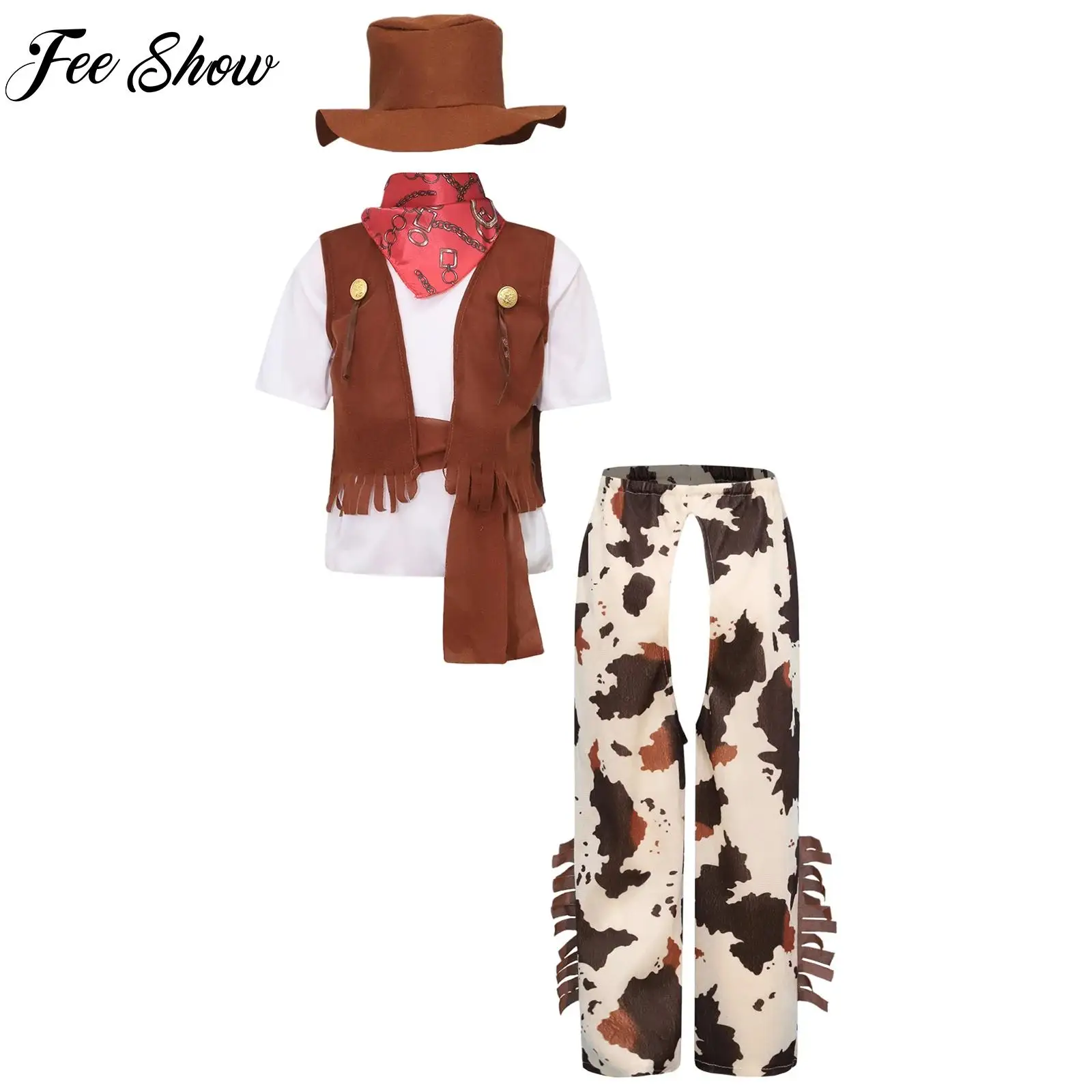 

6Pcs Boys Western Cowboy Costume Short Sleeve T-shirt with Pants Vest Hat Bandana And Waistband Set Halloween Cosplay Clothes