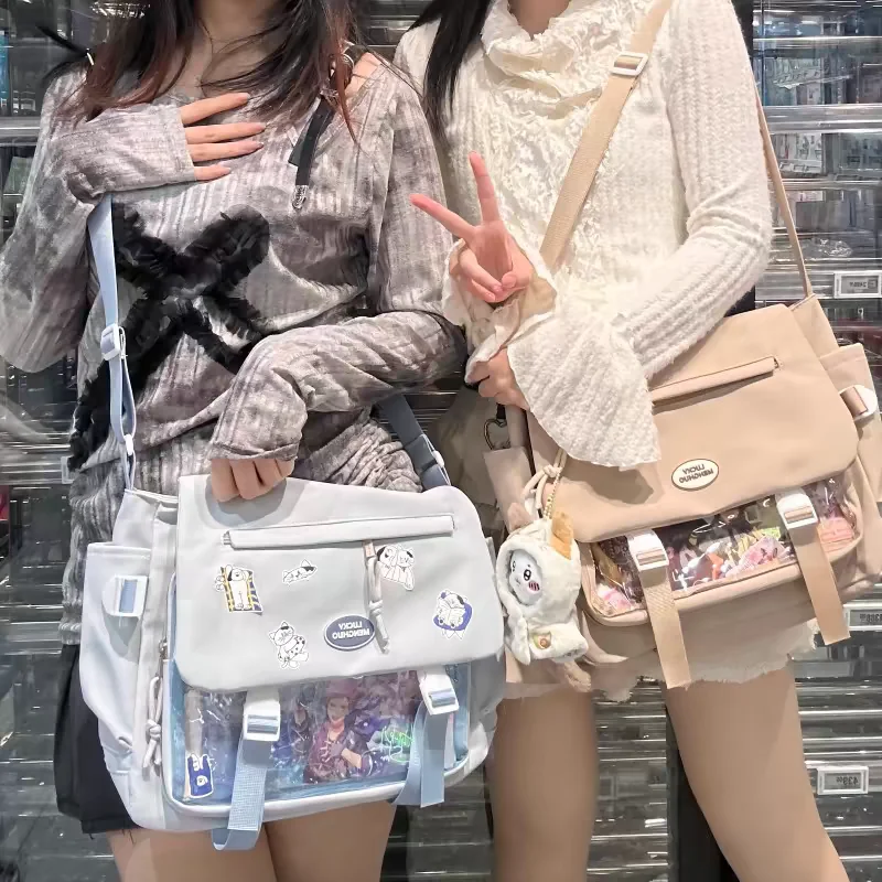 HAEX kadınlar Ita çanta moda yeni öğrenciler JK üniforma iki taraf Crossbody omuz çantaları katı naylon DIY Anime rozeti Bolso Mujer