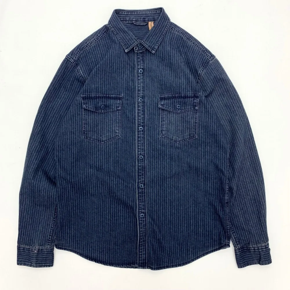 

Ami khaki Japanese retro-style work shirt heavyweight pure cotton vertical stripe loose long-sleeved denim shirt