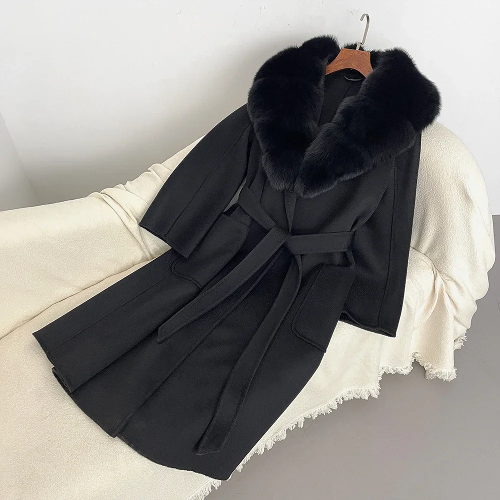 天然リアルフォックスファーカラージャケット 冬用ウール ロングファー レディース 女性用 暖かいアウターウェア 2025 カジュアル服 女性用