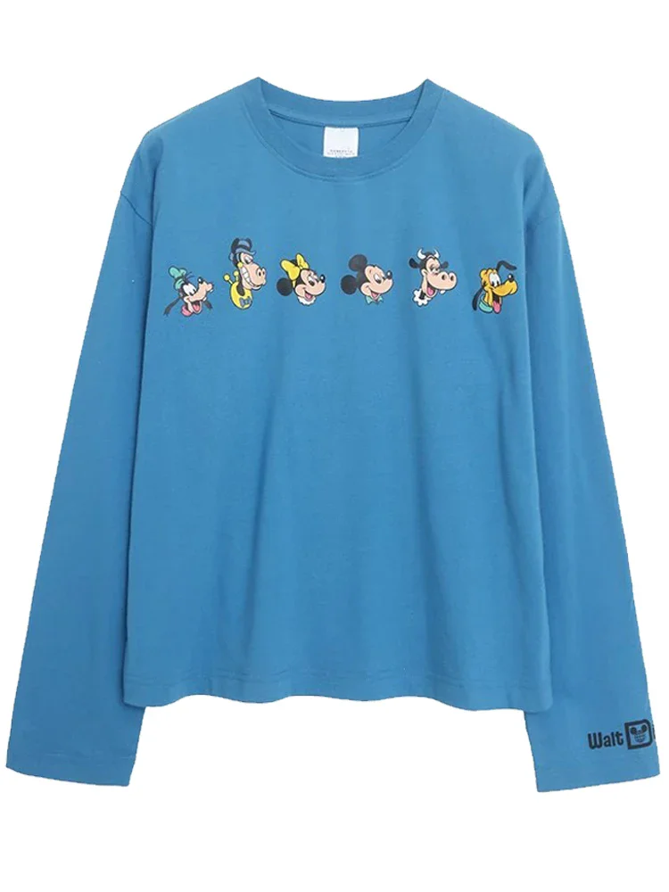 ديزني لاند والت ديزني العالم البلوز ميكي ماوس التطريز الكرتون تي شيرت مطبوع للجنسين زوجين المرأة طويلة الأكمام بلوزة مستديرة العنق
