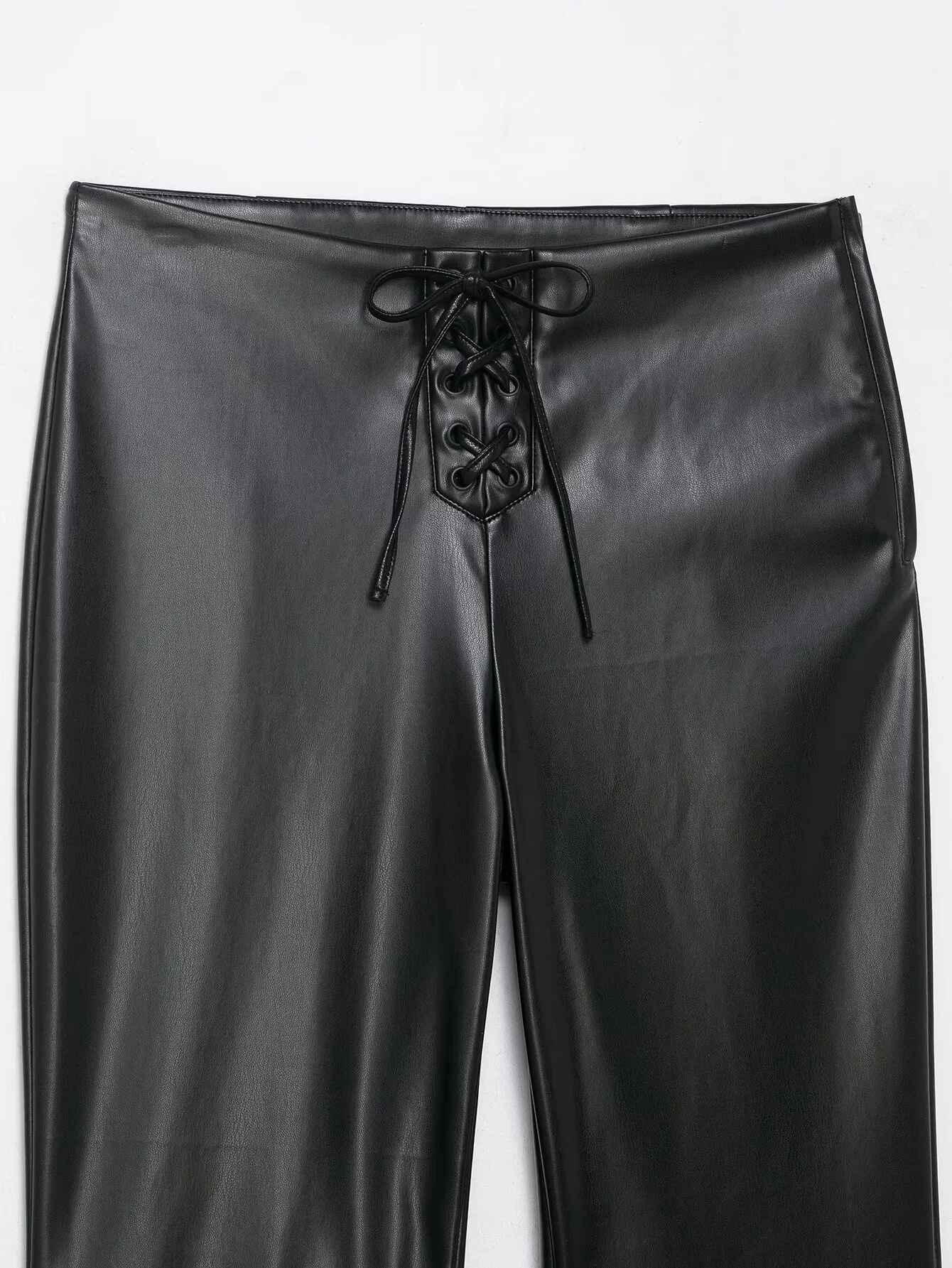 2025 Winter New Women's Casual Fashion Simple Low-Waisted Sexy Slim Fit Faux Leather Bow Flared Pants