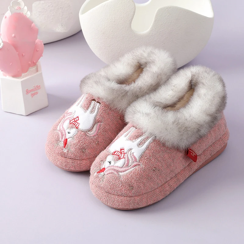 Goosecret Kids Winter Fur Fluffy Slippers Boys Girls Indoor Warm Cute Animals Cotton Shoes Soft Non-slip Cozy Plush House Slides