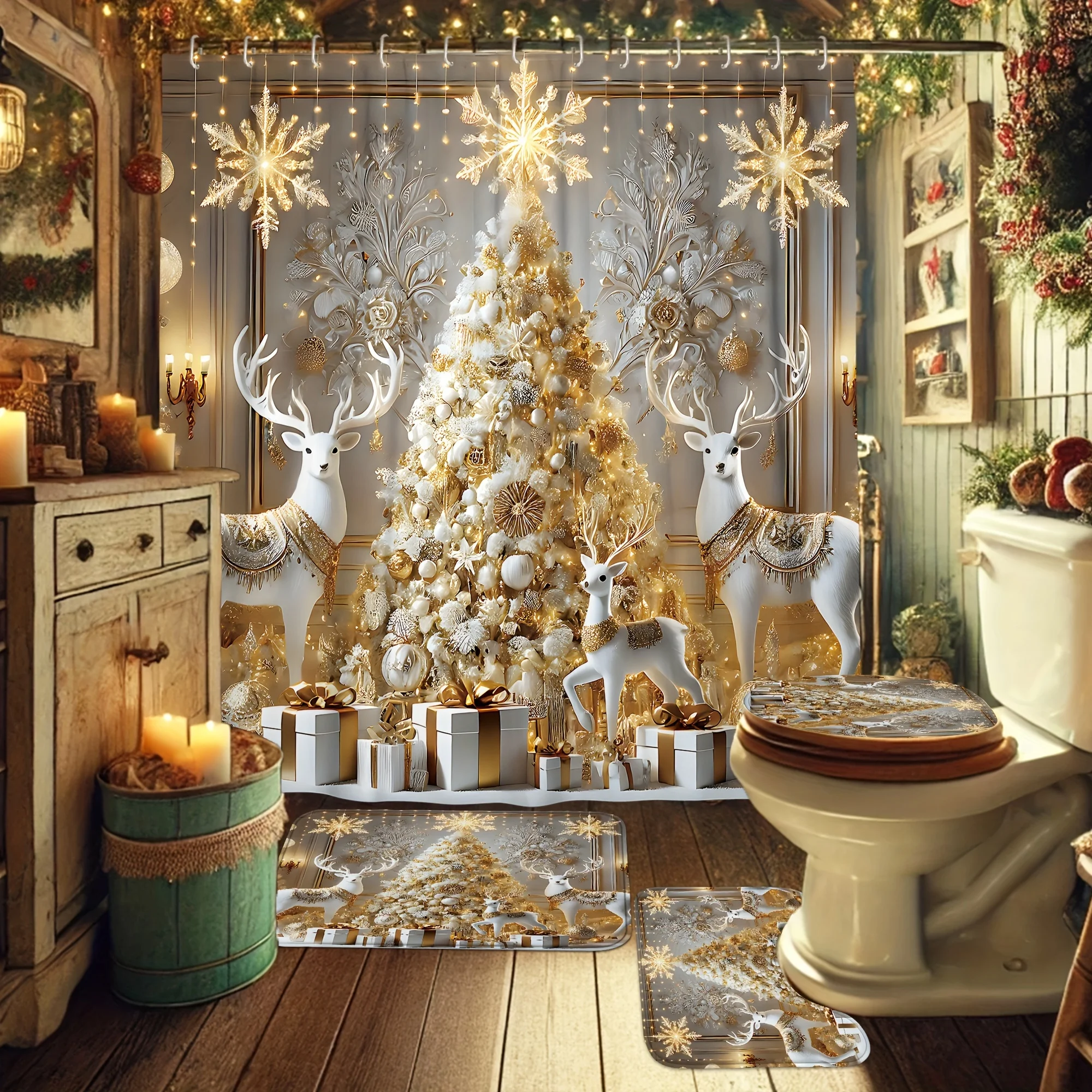 4pcs Christmas Deer Tree Snowflake Shower Curtain Set with Non-Slip Mat & Toilet Cover, Golden White Cute Washable Xmas Decor