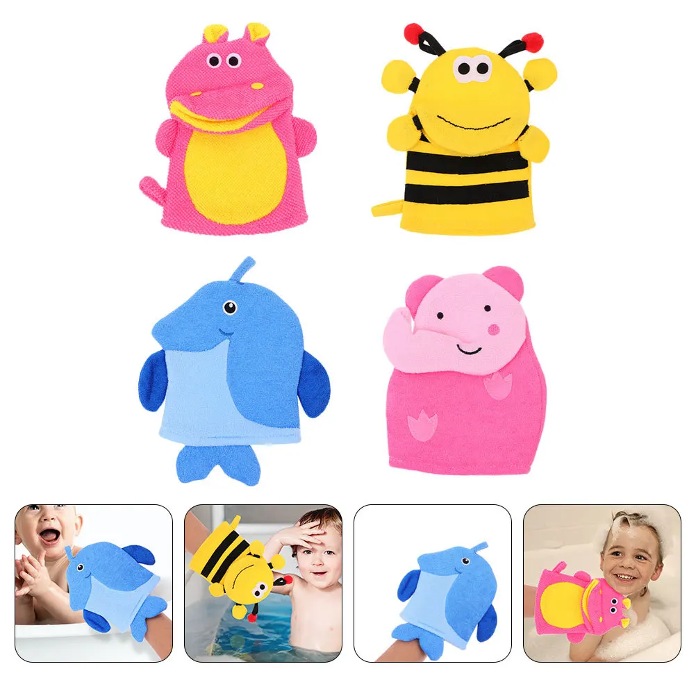 

4Pcs Kids Bath Gloves Cartoon Animal Design Soft Exfoliating Gloves Children Bathing Accessories Gentle Skin Care Baby Bath