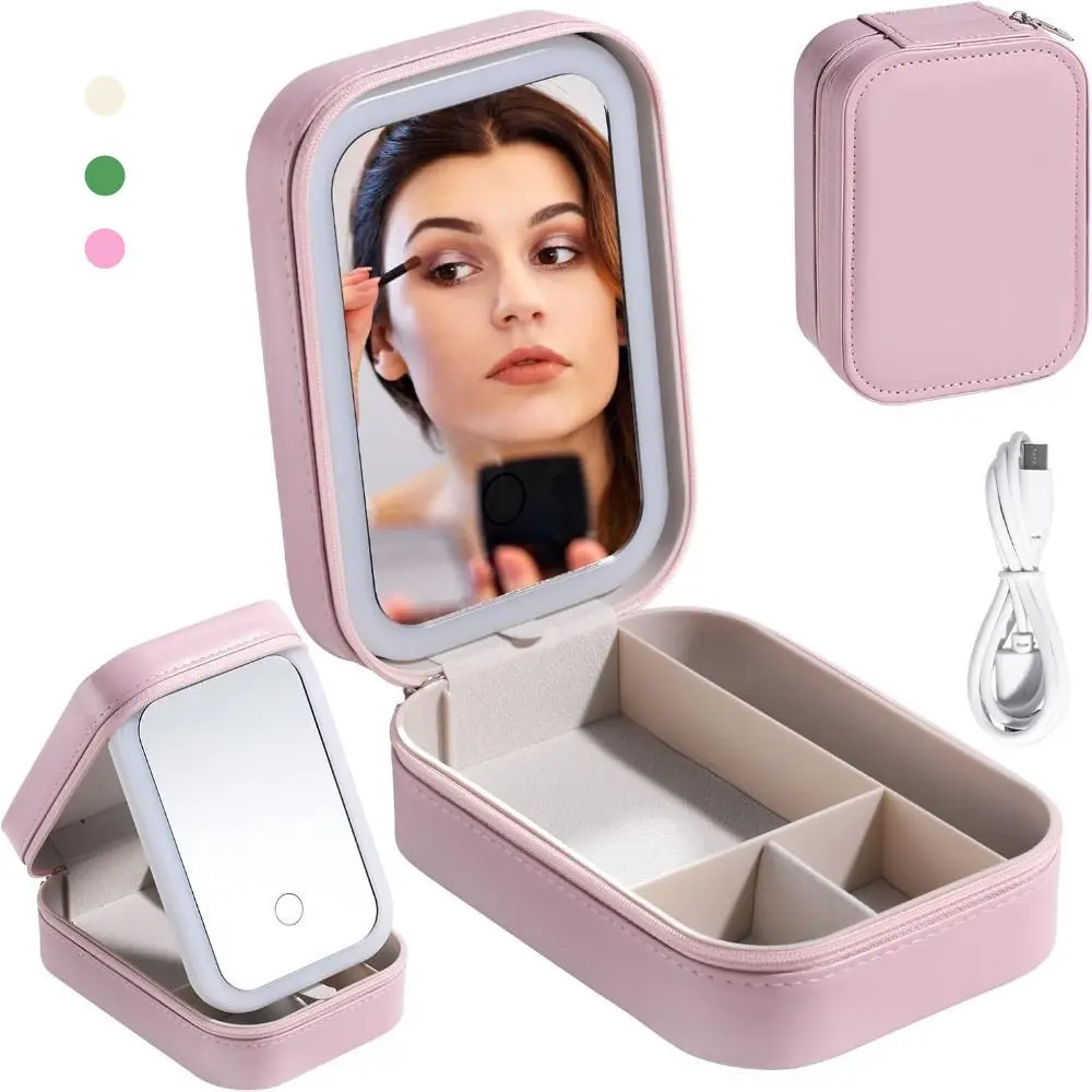 Portable LED Makeup Bag with Mirror 3 Colors Lighting Multi-Compartment Makeup Storage Box Travel Cosmetic Mirror Case