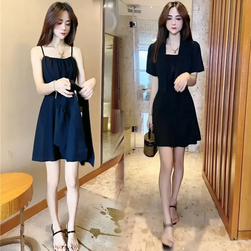 

Network Celebrity Temperament Fashion Set For Women's Summer New Slimming Short Sleeved Small Suit Coat With Suspender Dress Two