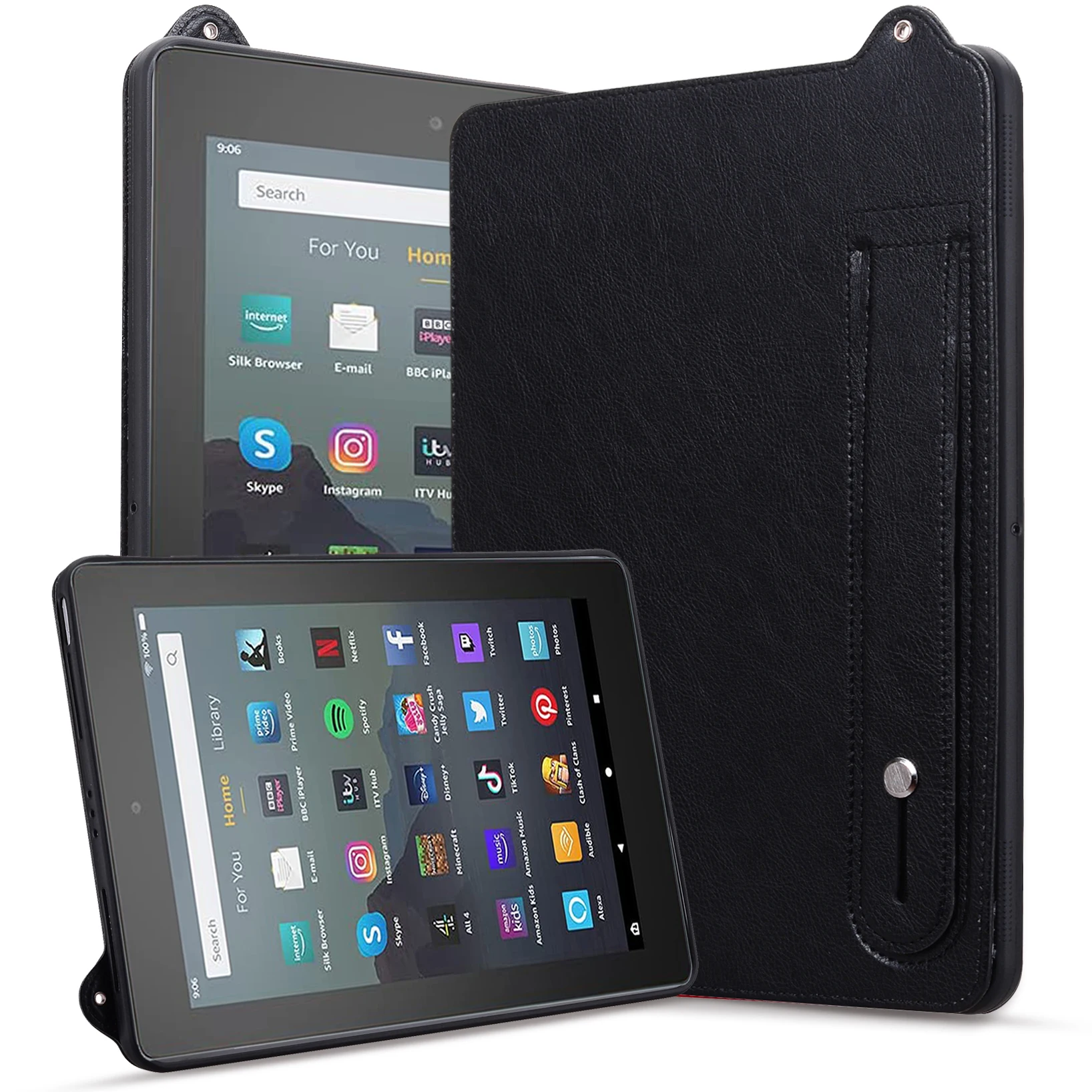 

TPU+leather computer protective Back Cover For Amazon Fire HD 10 Plus 2021 Case 10.1" Wrist strap holder Tablet protective cover