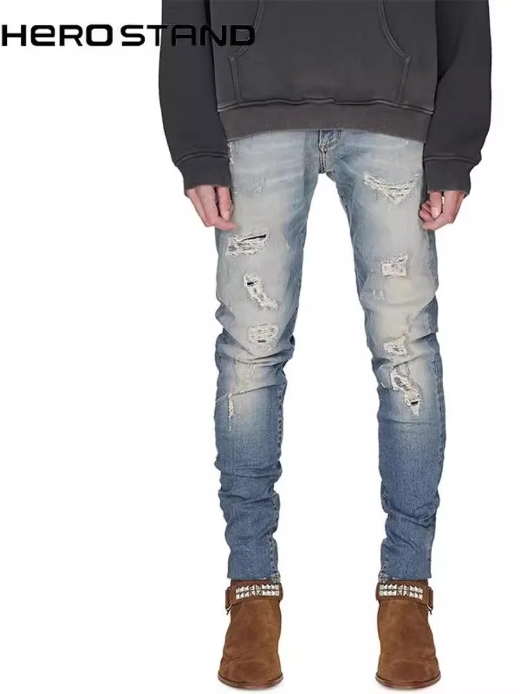 

Мужские джинсы Hero Stand в американском ретро-стиле, модные, крутые, уличные, длинные брюки, прямые джинсы с эффектом потертости