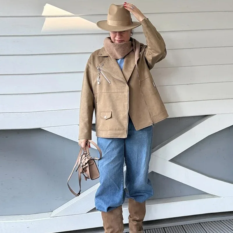 Spring Autumn Casual Lapel Suede Jacket Women Vintage Long Sleeve Jackets 2025 Fashion Female Outwear with Pocket