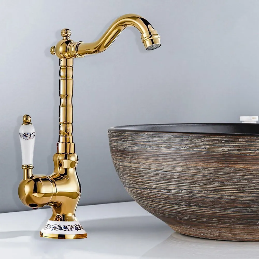 

Gold Color Brass Bathroom Kitchen Basin Sink Faucet Mixer Tap Swivel Spout Single Handle One Hole Deck Mounted msf917