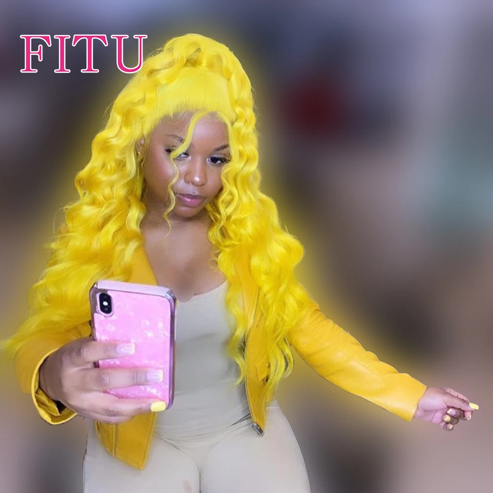 

FITU Yellow Transparent 13x6 13x4 Lace Frontal Human Hair Wig 613 Colored Plucked With Baby Hair 5x5 Lace Closure Wig