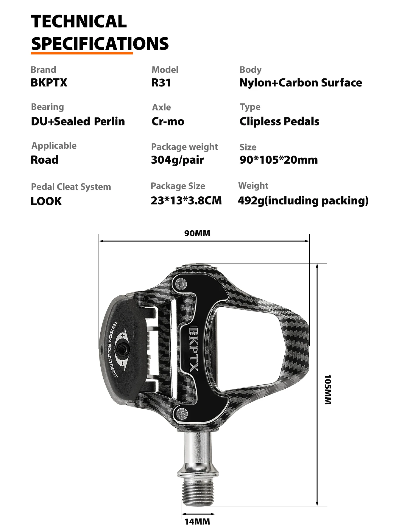 BKPTX R31 Road Bike Pedal Carbon Fiber Bearings Pedal For Look Keo Self-Locking Bicycle Pattern Ultra Light Professional Pedals