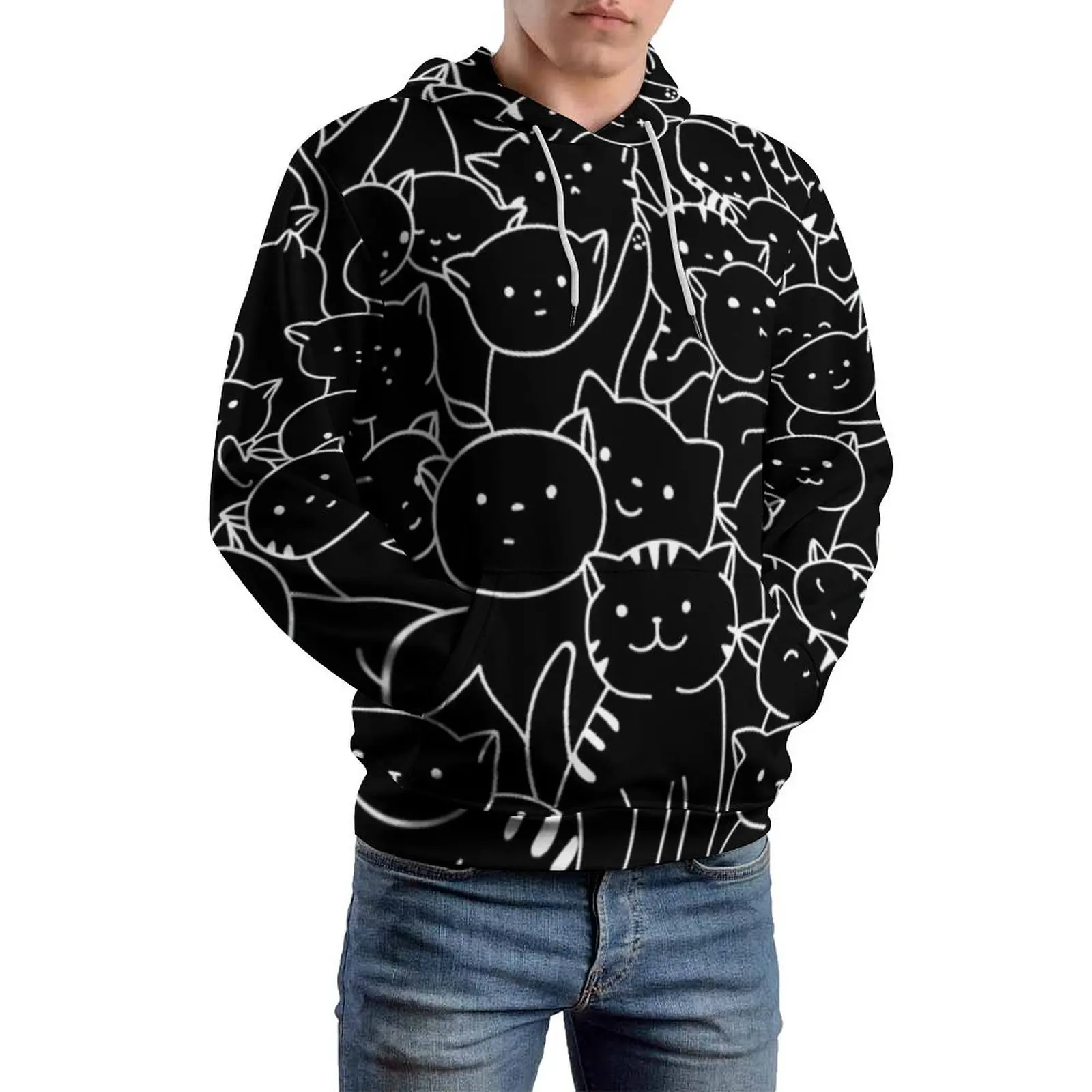 Black Cat Meme Casual Hoodies Funny Cats Print Street Style Hoodie Men Long Sleeve Custom Hooded Sweatshirts Plus Size 4XL 5XL