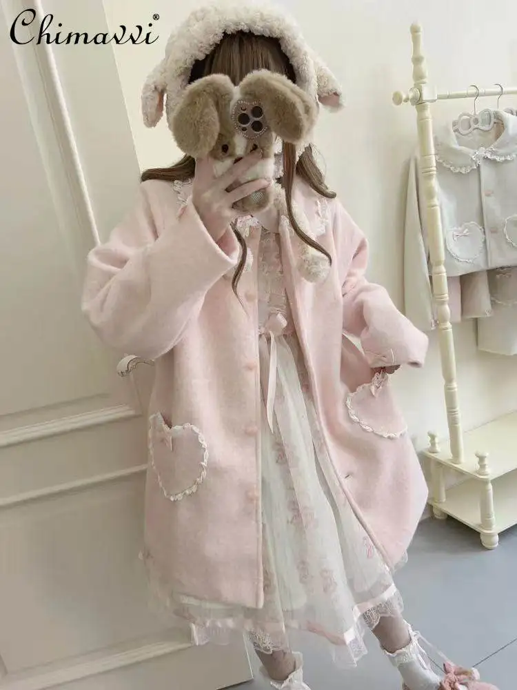 

Винтажное пальто в стиле Лолита с милым бантом, шерстяное, осенне-зимнее, новая модная коллекция, с воротником «Каваи», длинными рукавами, элегантное, средней длины