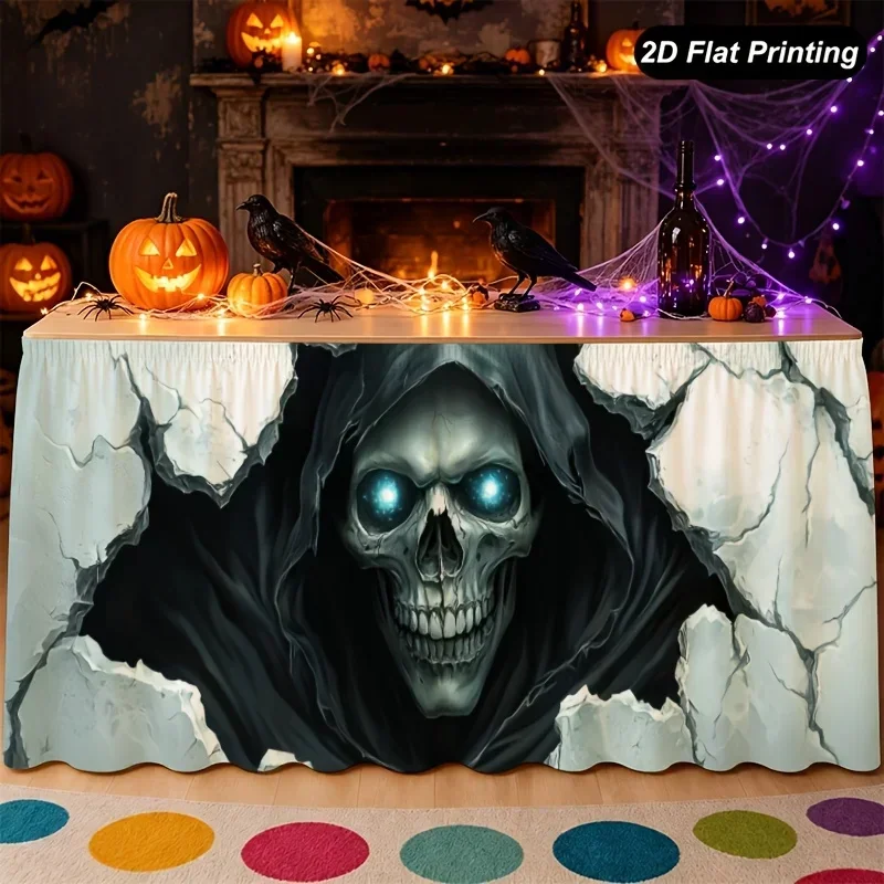 1pc Halloween table skirt, black robe hood, skull breaking through the wall, blue eye socket dark tone fantasy patternxzj