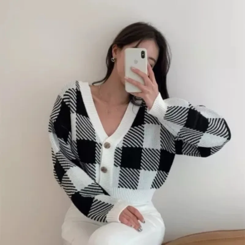 

Women's Knitted V-Ne Sweater Loose Fit Button up Autumn Winter Plaid Sle Casual Comfortable Top Faion Commute Sle