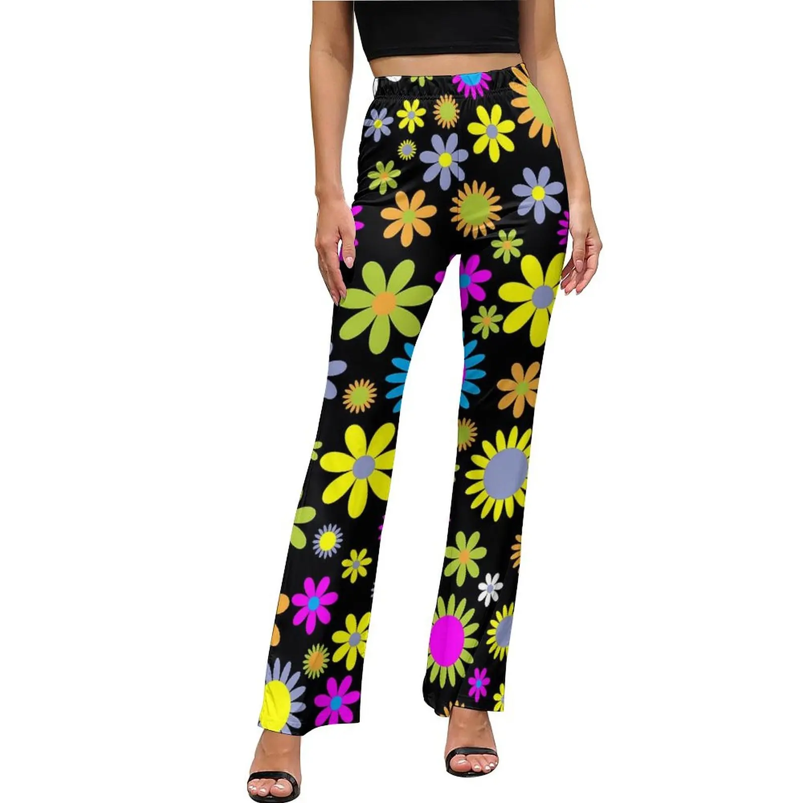 Retro Flower 60s Casual Pants Female Colorful Floral Slim Aesthetic Flared Pants Spring Modern Design Trousers