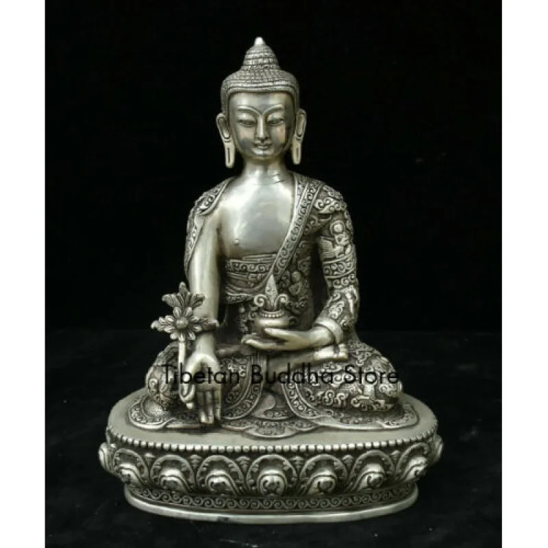 

Tibet Buddhism White Copper Silver Menla Medicine Buddha Medical God Robe Statue