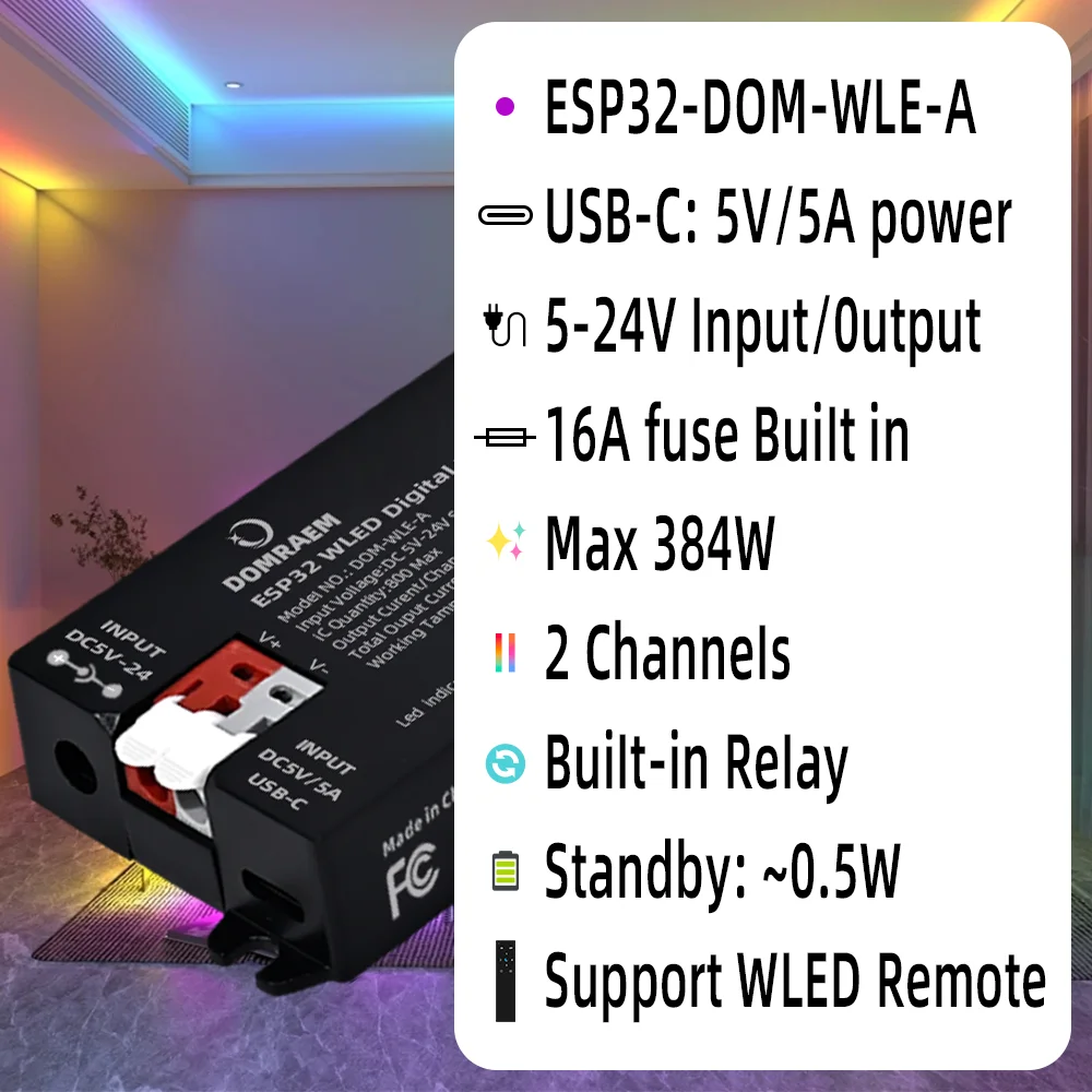 DOMRAEM ESP32 WLED DIY Controller Works with HA/Alexa  2CH 16A Fuse Supports WS2811/12/12B/13/14/15/05/SK6812 Digital LED Strips