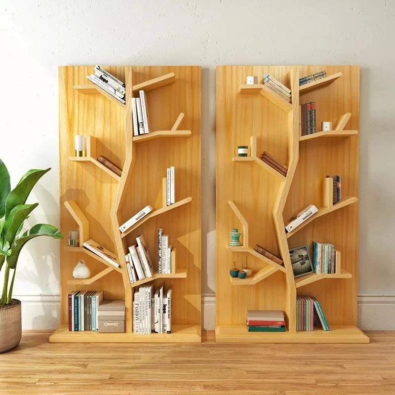 Simple modern log creative bookshelf, shelf, living room floor-to-ceiling non-punching solid wood tree-shaped movable bookshelf