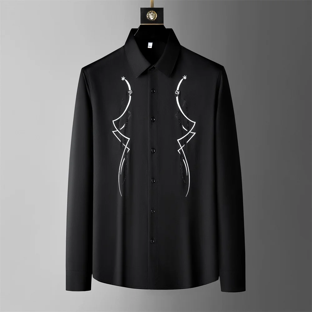 

Brand Water Diamond Embroidered Men's Shirt White Business Social Dress Shirts Men Long Sleeve Slim Casual Party Tuxedo Tops