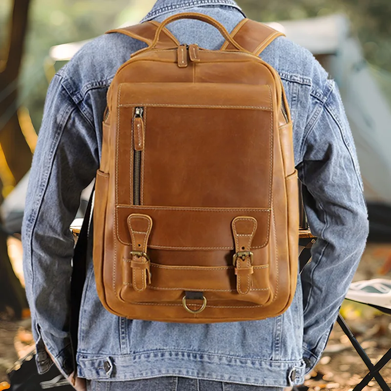 

New Crazy Horse Leather Backpack - Premium Cowhide Laptop Bag for Outdoor Travel & Business Men
