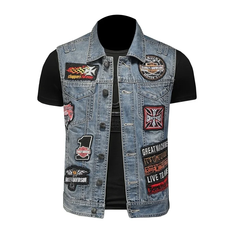 

Men's Embroidered Badge Printing Denim Vest Motorcycle Style Waistcoat Streetwear Sleeveless Jacket