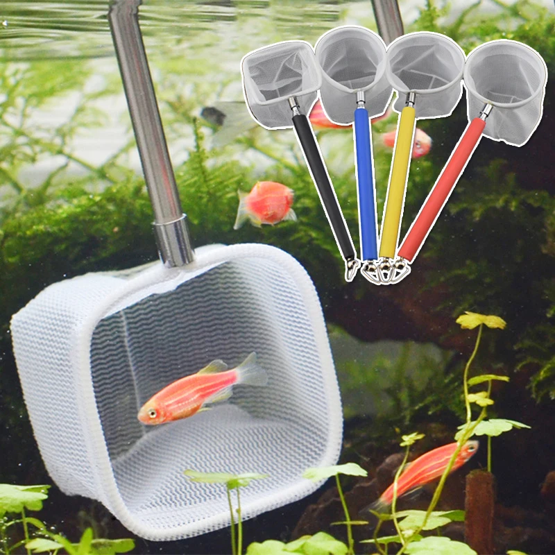 1pc Aquarium Retractable 3D Stainless Steel Fishnet Pocket Shrimp Catching Fish Tank Cleaning Net Round Square Shape