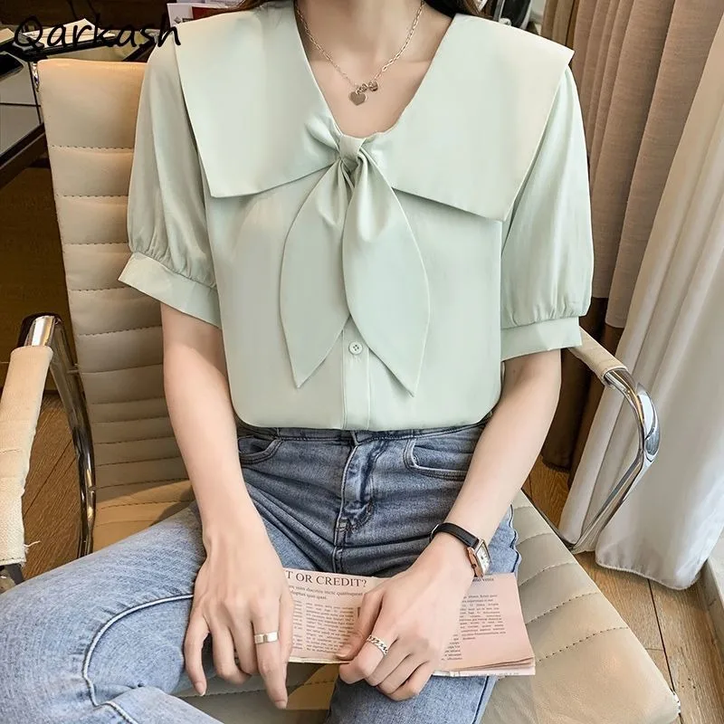 

S-3XL Shirts Women Sailor Collar Kawaii Clothes Preppy Girlish Kpop Fashion Simply Sweet Casual Summer Vintage Camisas 4-Colors