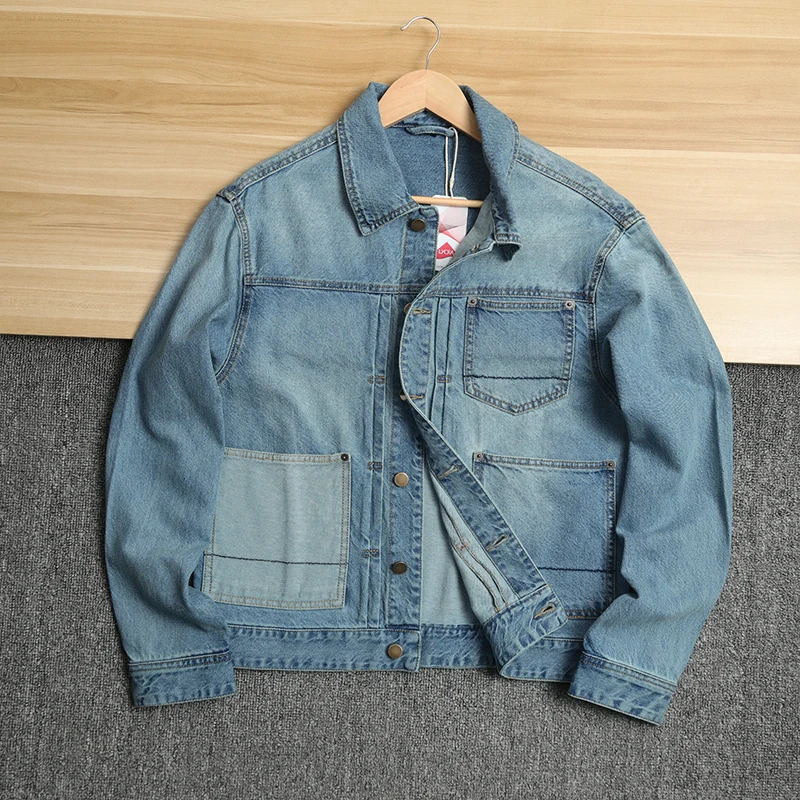 

Retro Pleated Design Loose Casual Japanese Sle Men's Denim Jaet Pure Cotton Workwear Waed Outerwear Youth Faion