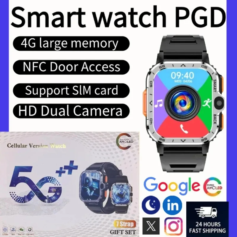 

New PGD Android Smartwatch 4G Global Network Stainless Steel Strap 8GB+128GB Storage 2.03" IPS Display Dual Camera WiFi GPS NFC