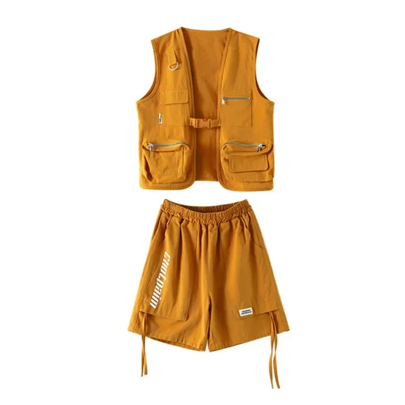 Kid Hip Hop abbigliamento Ginger Yellow giacca senza maniche gilet Casual Strap Cargo Pants Shorts for Girls Boys Dance Costume Clothes