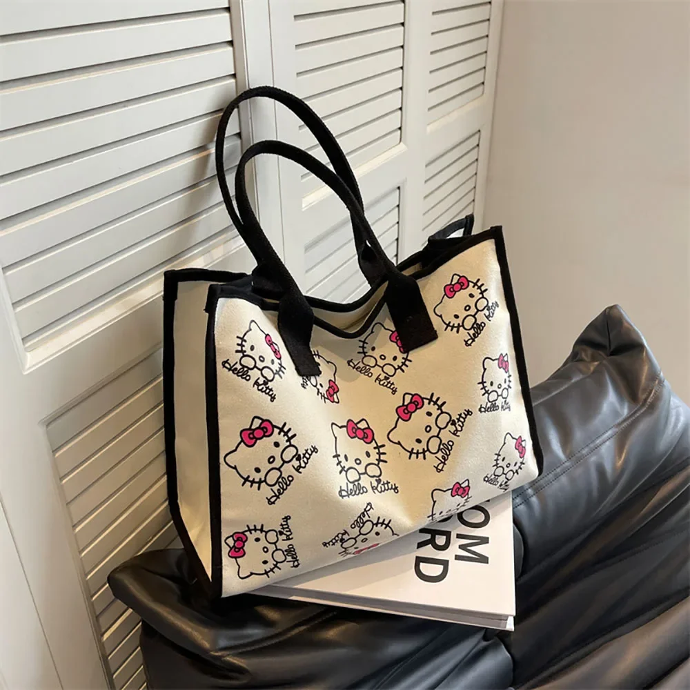 Hellokitty Canvas Bags Sanrio Cartoon Handbags Large Capacity Portable Tote Commuting Shoulder Bags Satchel for College Students