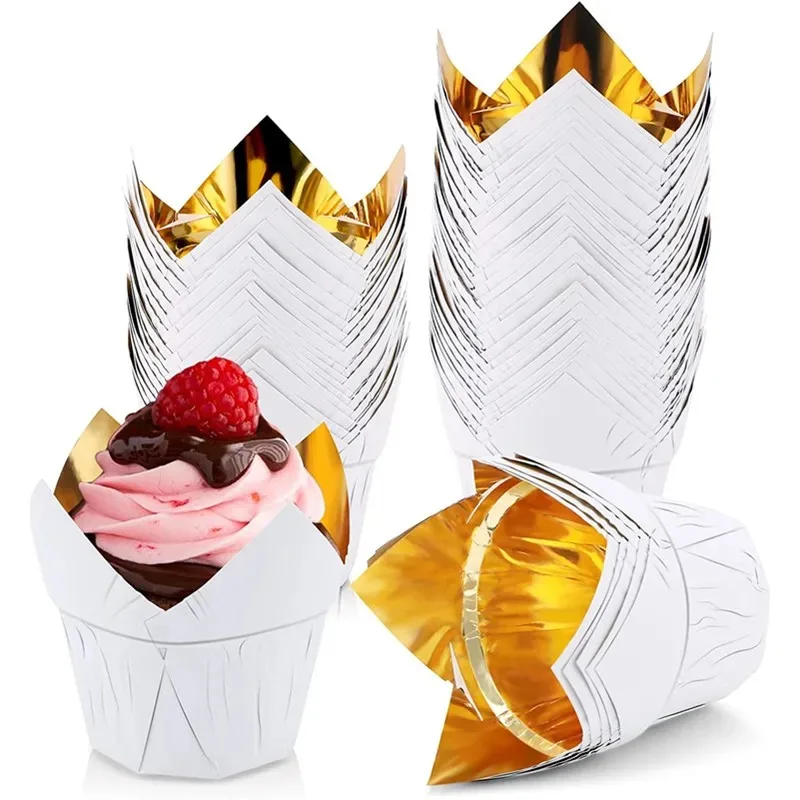 50pcs Muffin Cupcake Paper Cups Mold Gold Oilproof Cupcake Liner Baking Cup High Temperature Resistant Baking Cake Decor Tools