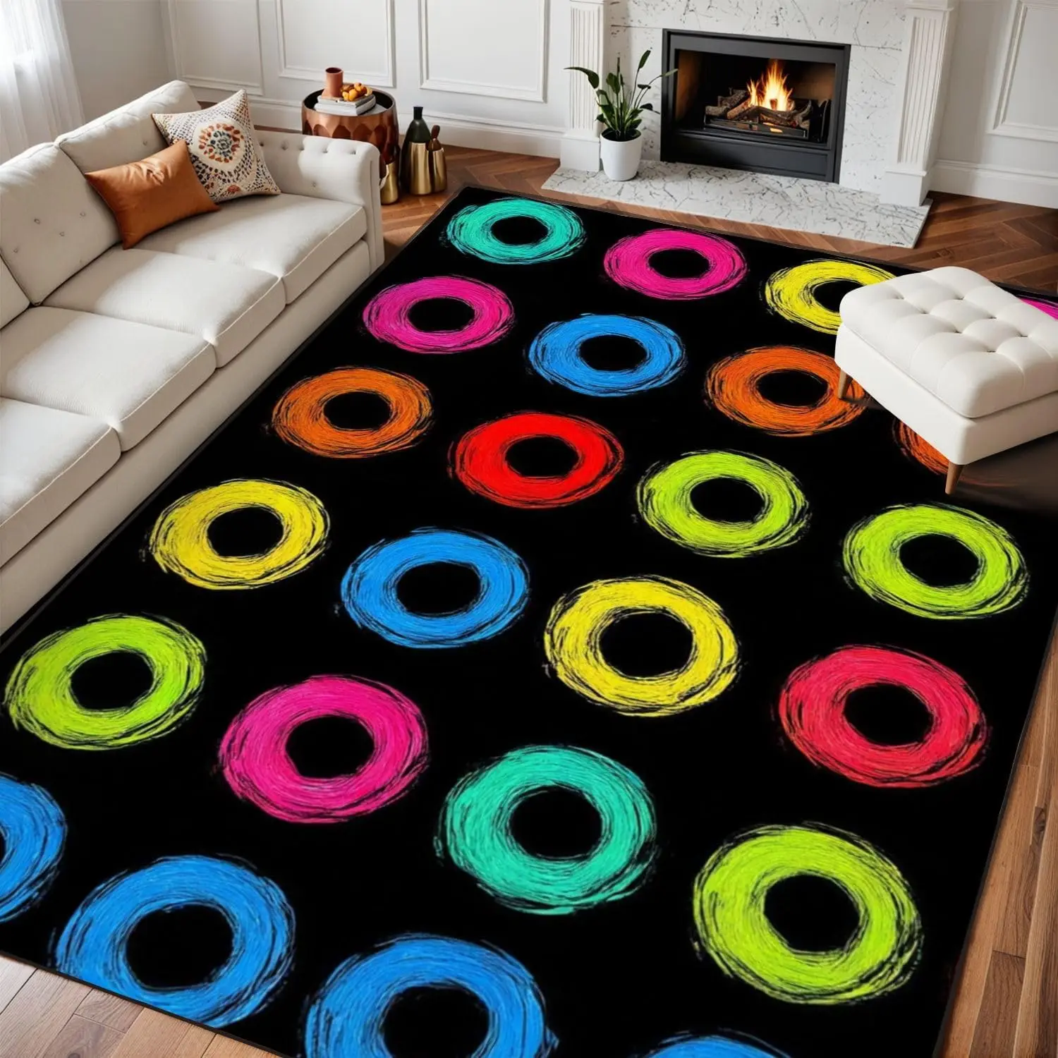 1pc 2D Flat Colorful Sketch Circle Printed Floor Mat, Decorative Rug for Living Room, Bedroom, Office, Home Decor