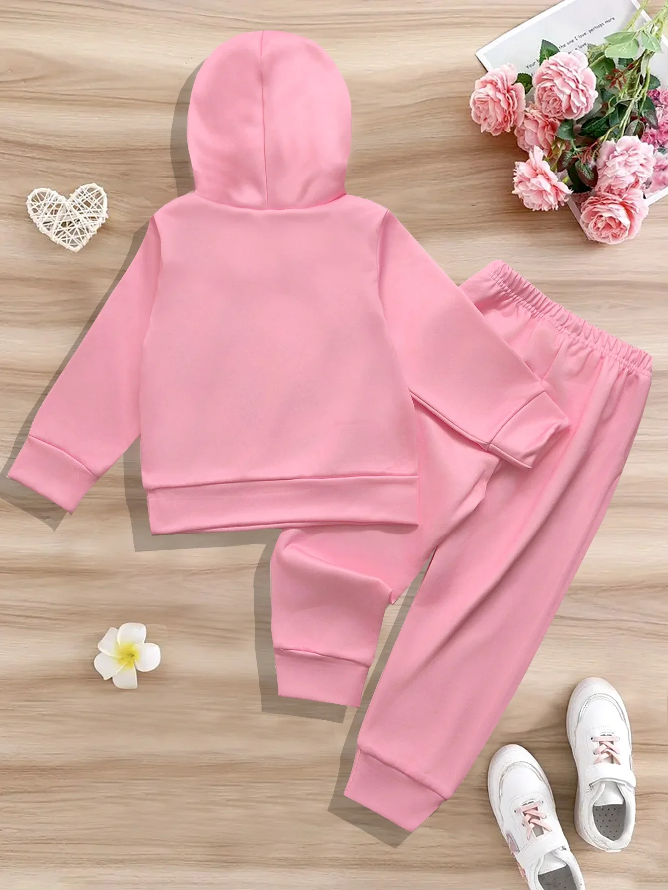 Rosa Hoodie-Jogginghosen-Set für Kleinkinder, Mädchen, niedlicher Cartoon-Print, Kapuzenpullover, Jogginghose, 2-teilig, 1-6 Jahre, Herbst-Winter-Outfits – Detail 3